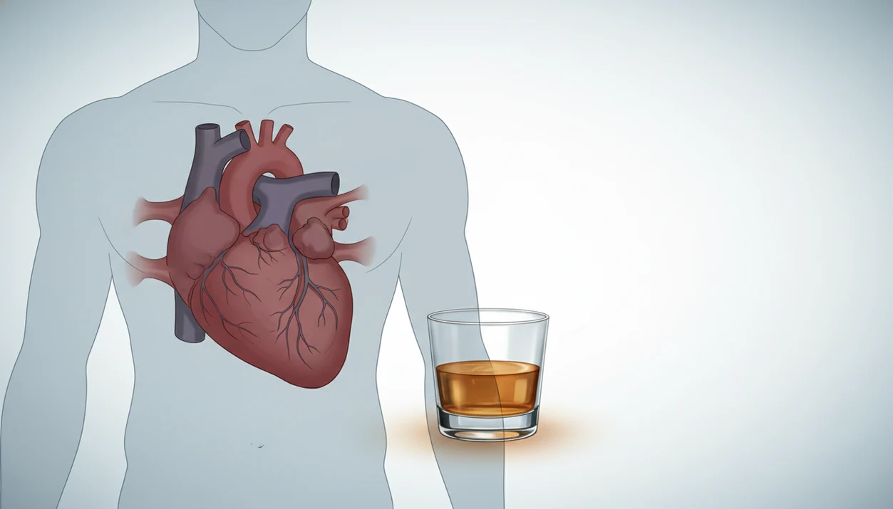 Illustration of an enlarged heart inside a chest silhouette beside a glass of alcohol.