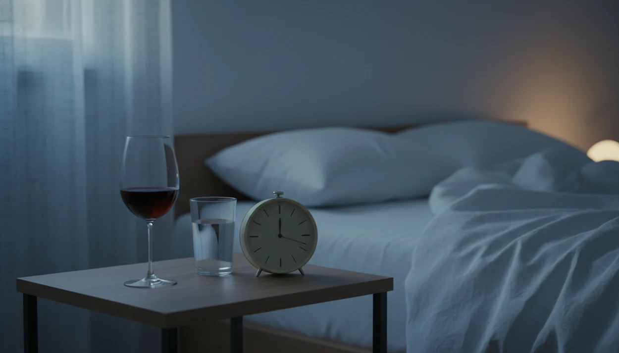 A wine glass, water glass, and alarm clock sit beside rumpled bedding after a restless night.