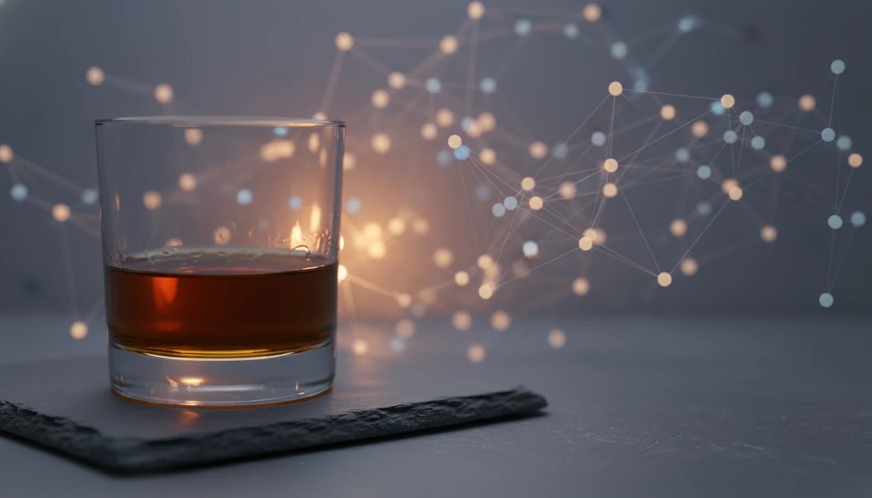 A glass of amber alcohol casts warm light toward a dim abstract network of brain-like connections.