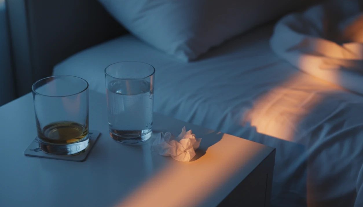 A dawn bedside still life with an empty drink glass and water, lit in cool and tense warm tones.
