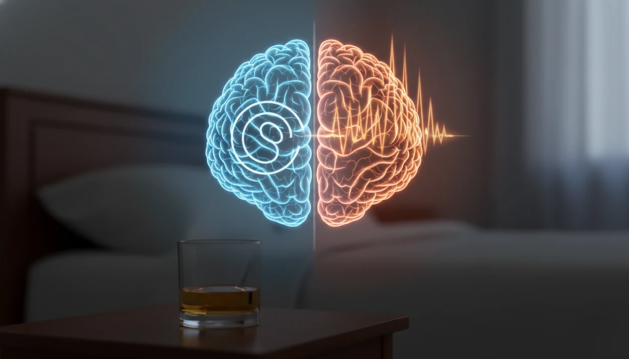 A glass beside a split-color brain illustration suggests alcohol’s calming effect and later nervous system rebound.