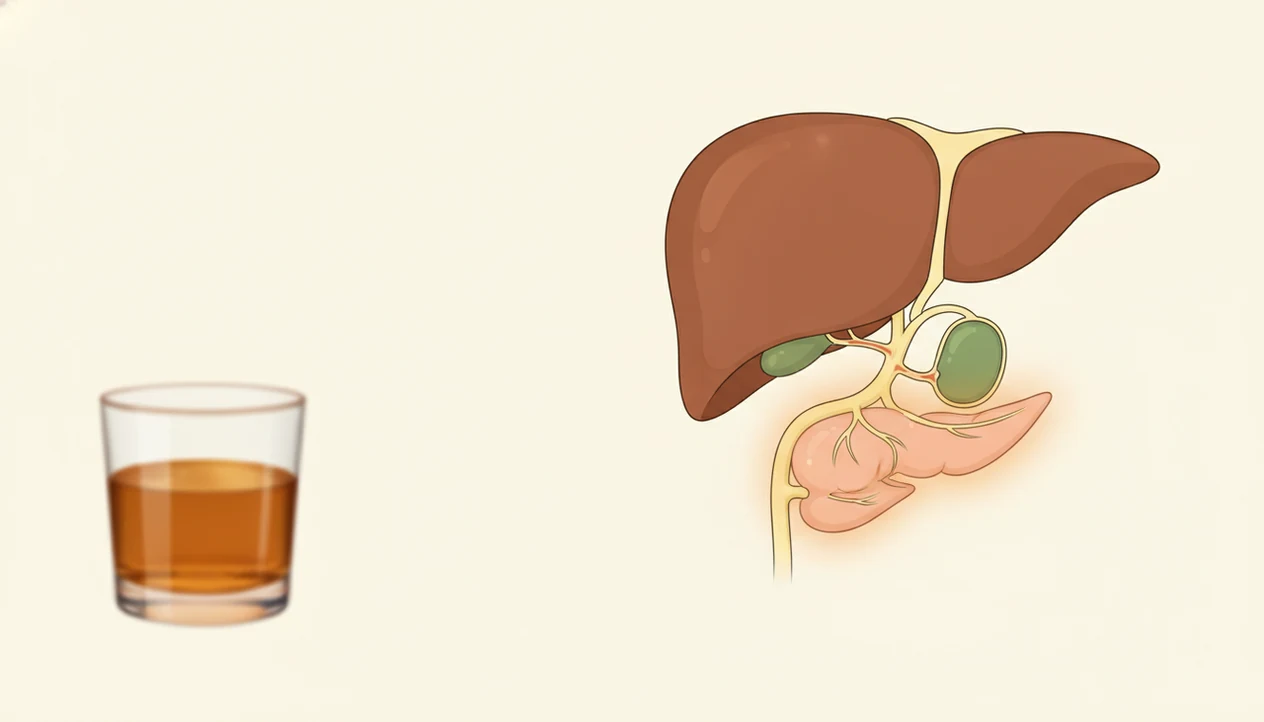 An illustration highlights the gallbladder, bile duct, and pancreas beside a blurred alcoholic drink.