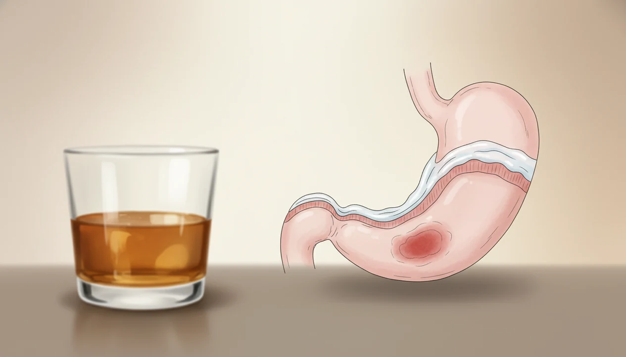 A medical illustration shows alcohol near an inflamed stomach lining with a small ulcer-like erosion.