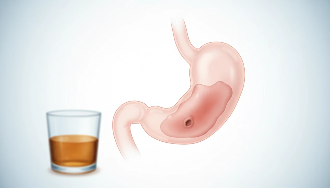A medical-style illustration shows an irritated stomach beside a glass of alcohol.