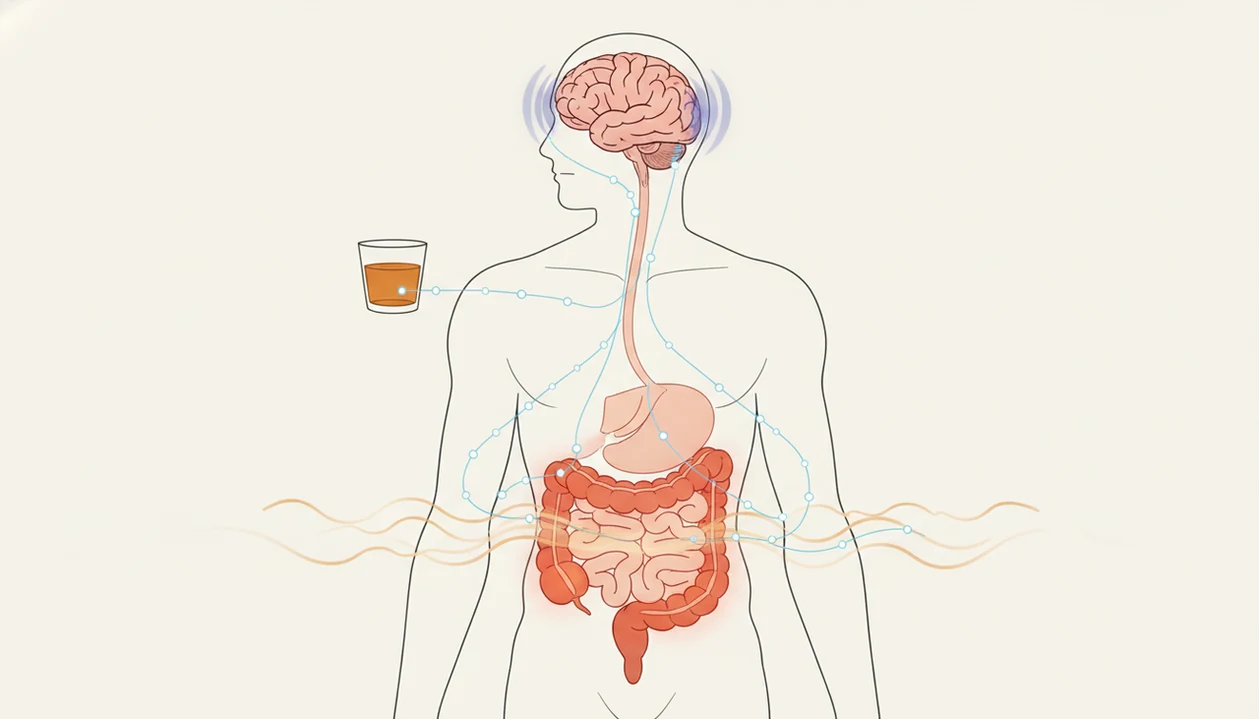 An illustration shows alcohol disrupting gut and brain signals through inflammation and nerve pathways.
