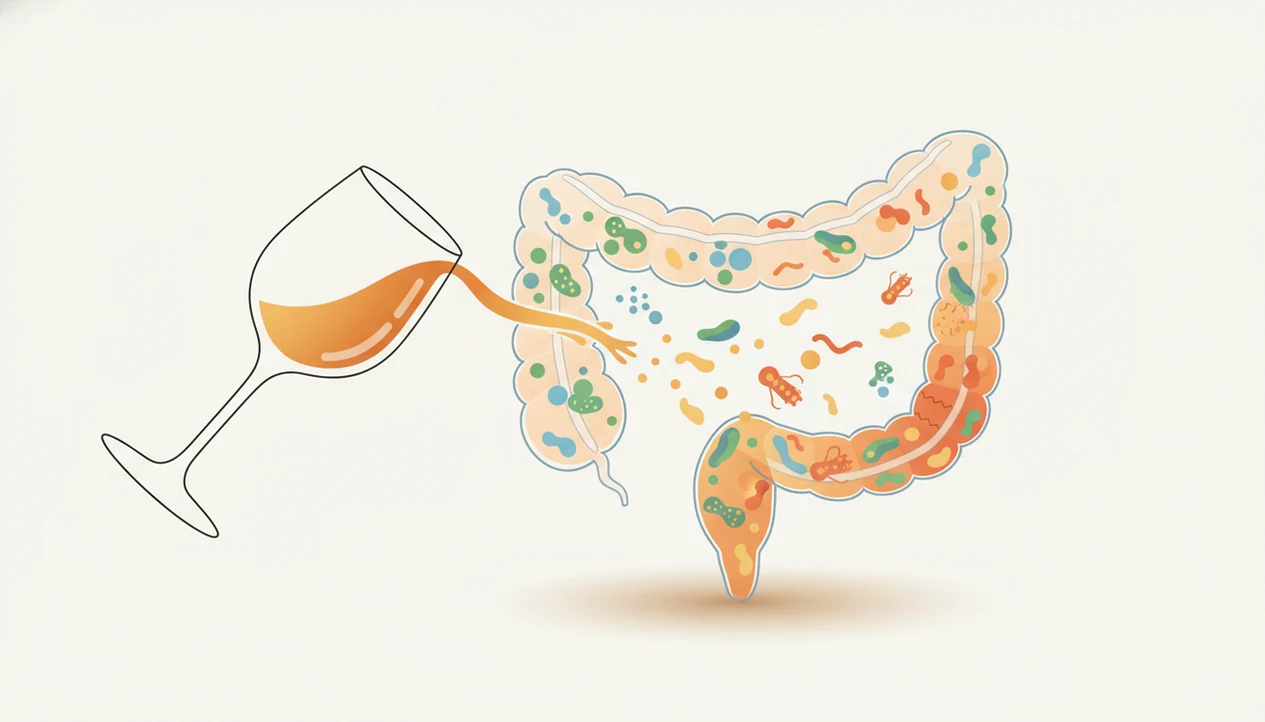 An illustration shows alcohol disrupting gut microbes and weakening the intestinal barrier.