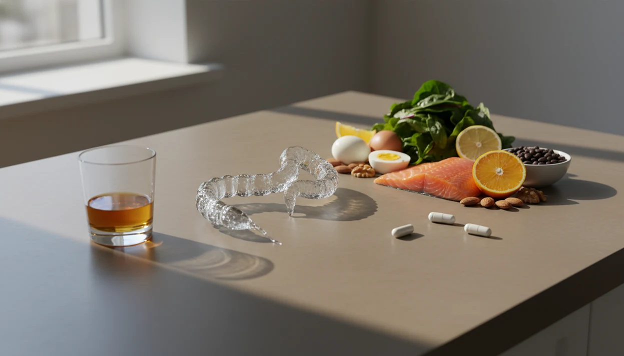 A glass of alcohol sits beside nourishing foods, separated by a subtle gut barrier shape.