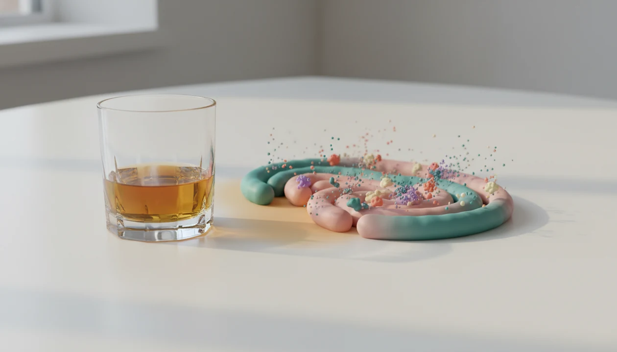 A glass of alcohol beside abstract gut microbiome shapes suggesting microbial disruption.