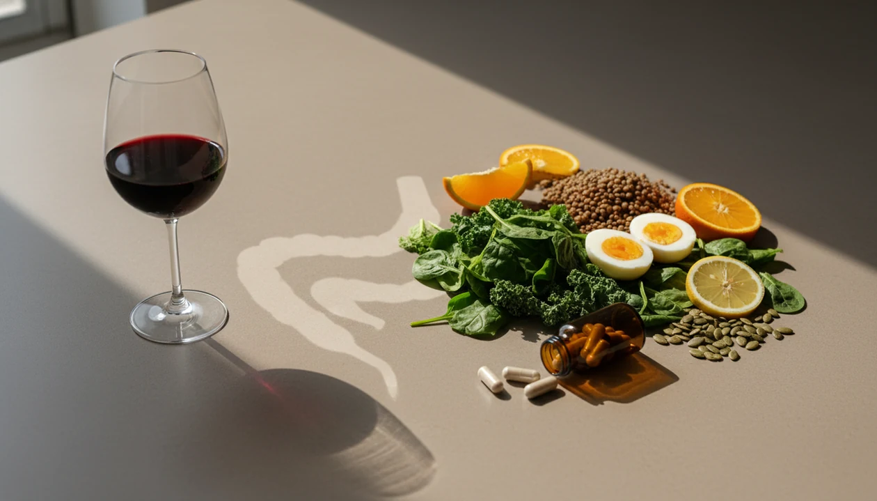 A glass of red wine sits beside nutrient-rich foods and capsules, suggesting alcohol’s impact on digestion.