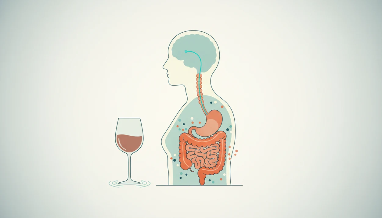 Illustration of the gut-brain axis, microbiome signals, and alcohol’s subtle effect on mood pathways.