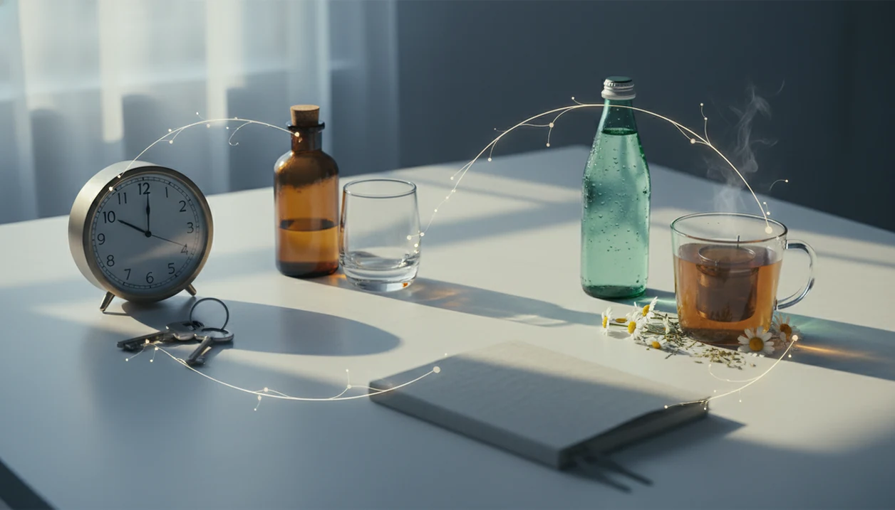 A table still life shows evening cues, alcohol, and healthier replacements connected by subtle neural lines.
