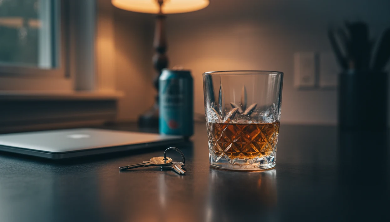 A half-full drink sits on a kitchen counter at dusk beside everyday evening cue objects.