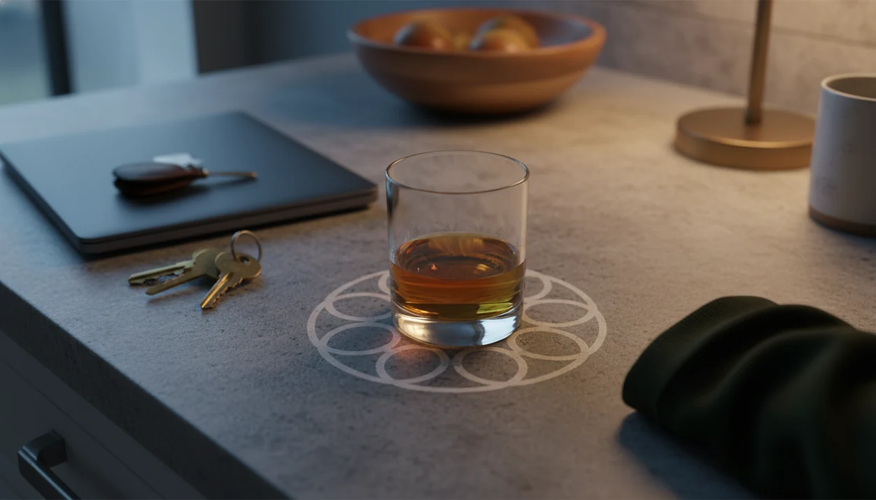 A glass on a kitchen counter is surrounded by circular condensation rings that suggest a repeated habit loop.