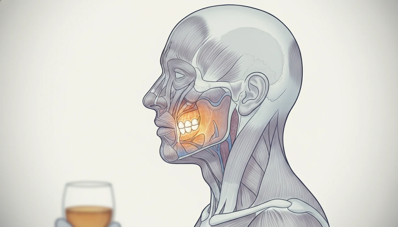 A calm medical illustration highlights mouth, throat, and voice box tissues linked to alcohol cancer risk.