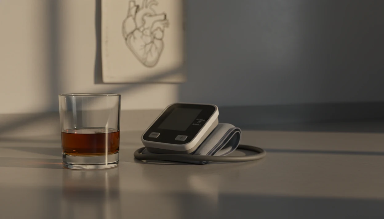 A glass of alcohol beside a blood pressure cuff suggests the heart strain linked to drinking.