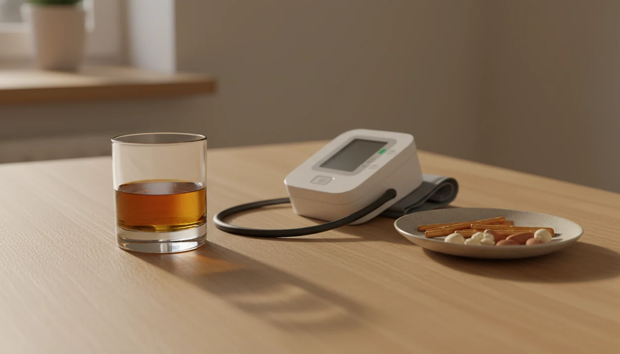 A drink beside a blood pressure cuff suggests the everyday link between alcohol and heart strain.