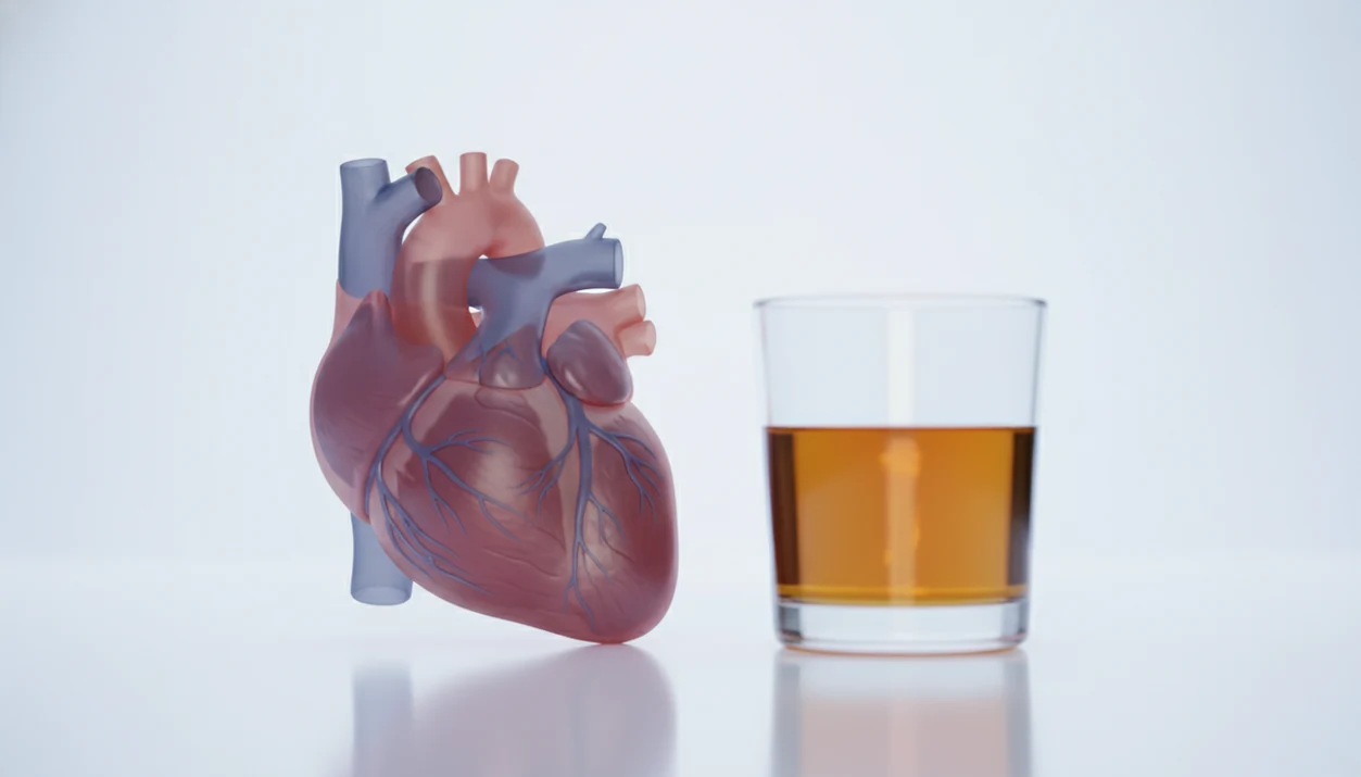 An enlarged illustrated heart appears beside a blurred amber drink, suggesting alcohol-related heart muscle damage.