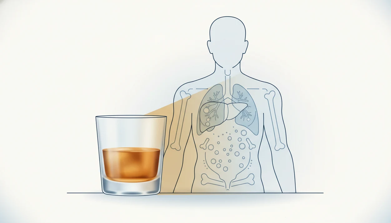 An amber drink casts a shadow over a simplified body showing lungs, liver, skin, blood, and bone.