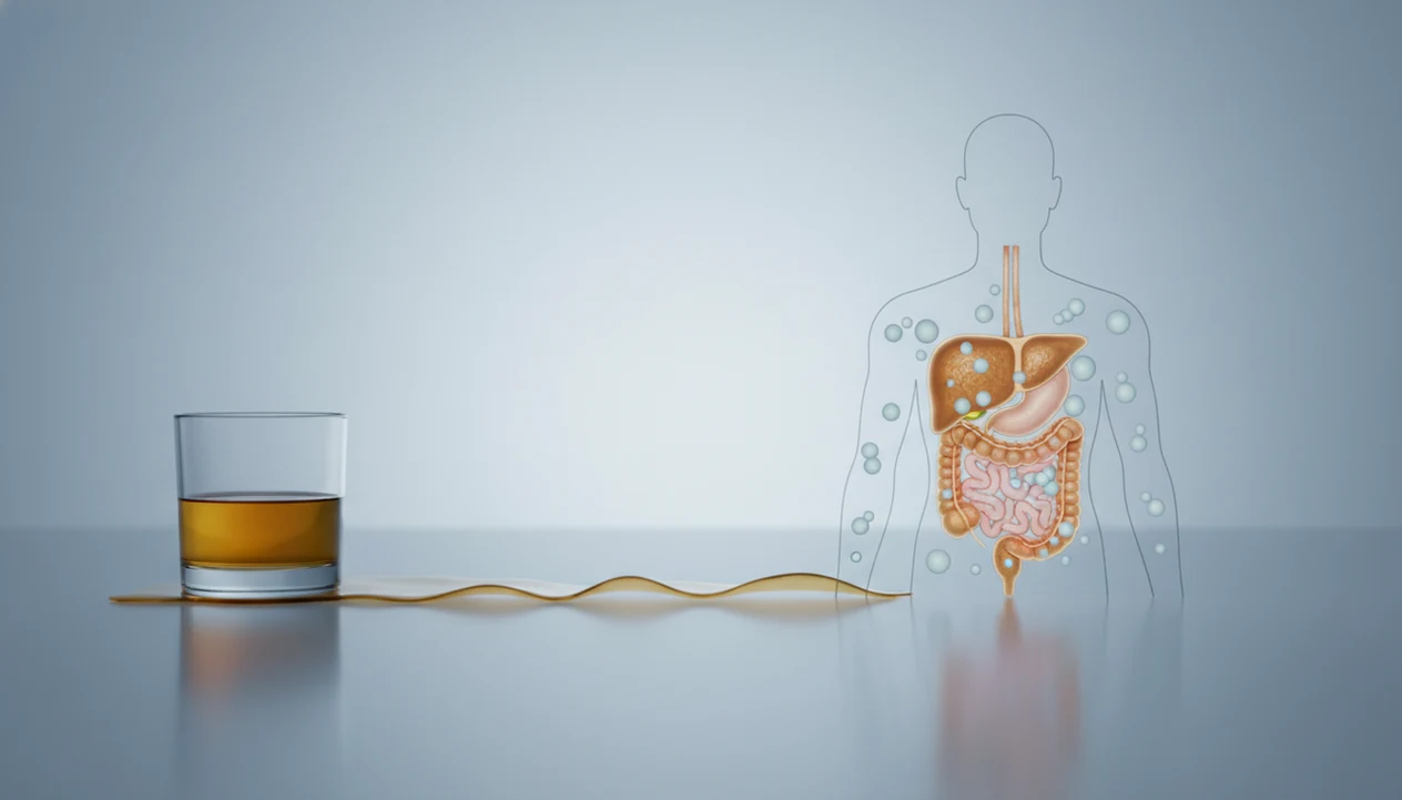 A glass of alcohol beside a subtle immune and gut inflammation illustration.