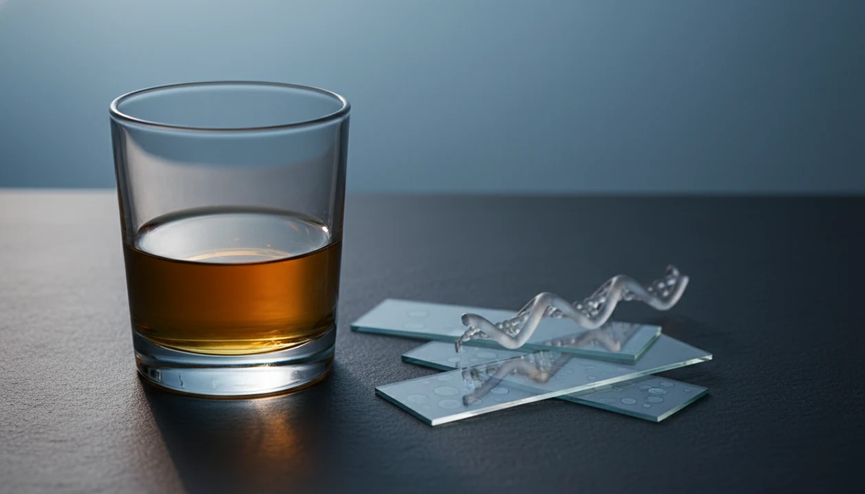 A glass of alcohol casts an amber shadow over microscope slides and a faint DNA-like glass strand.