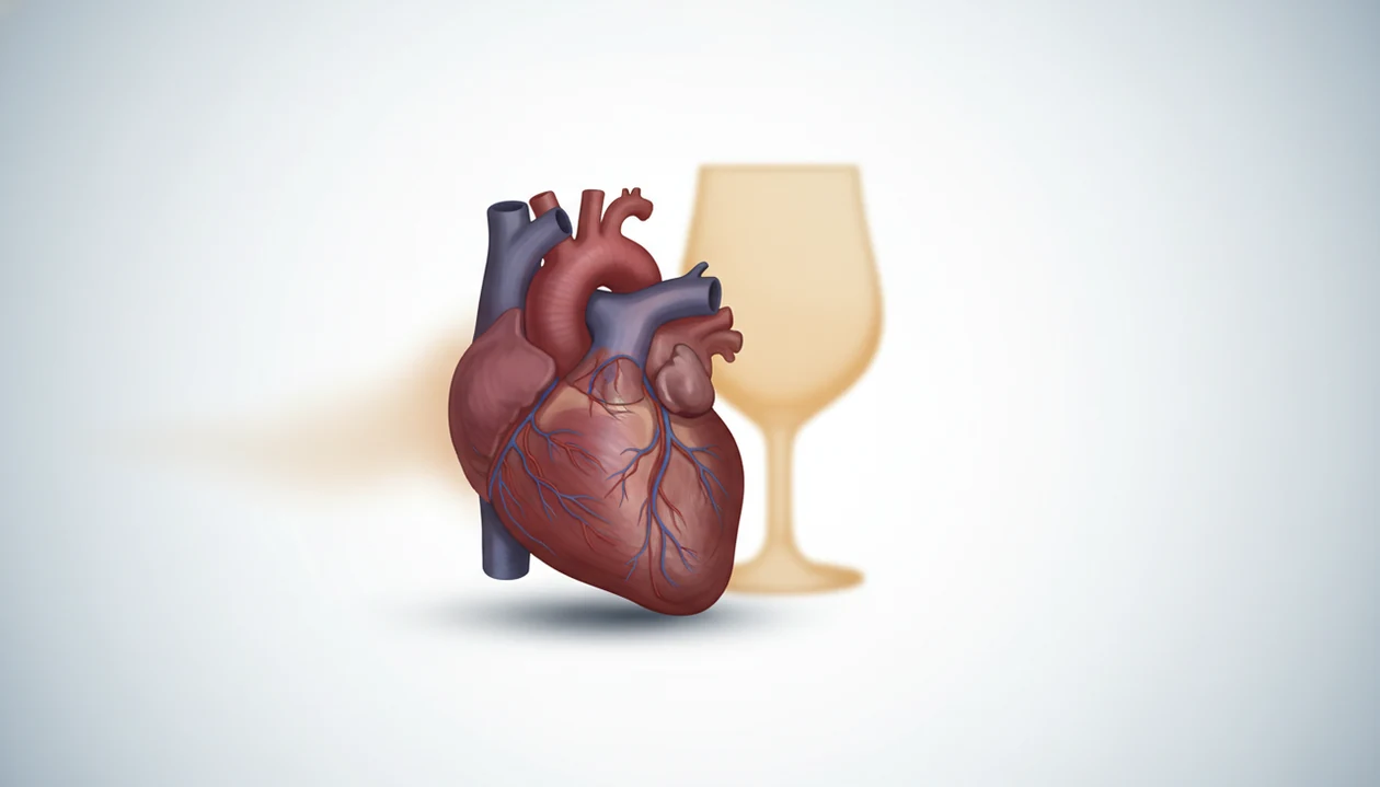 An enlarged illustrated heart beside a faint alcohol glass silhouette suggesting alcohol-related heart muscle damage.