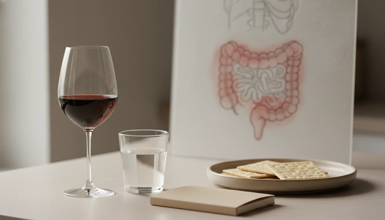 A half glass of red wine sits beside water and a blank journal with a subtle intestine illustration behind it.