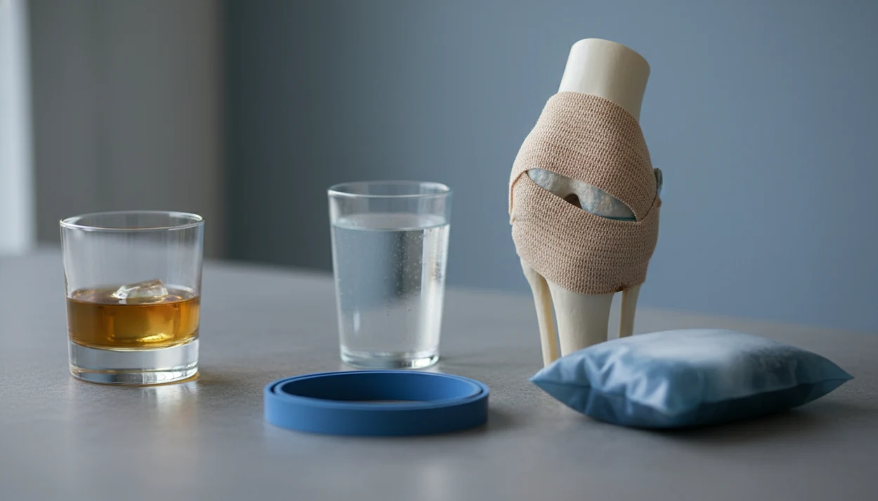 A drink sits beside a bandaged knee model, ice pack, water, and rehab band on a muted surface.