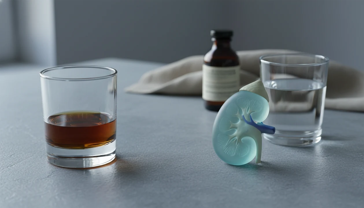 A glass of alcohol sits near a kidney model and water on a muted clinical countertop.