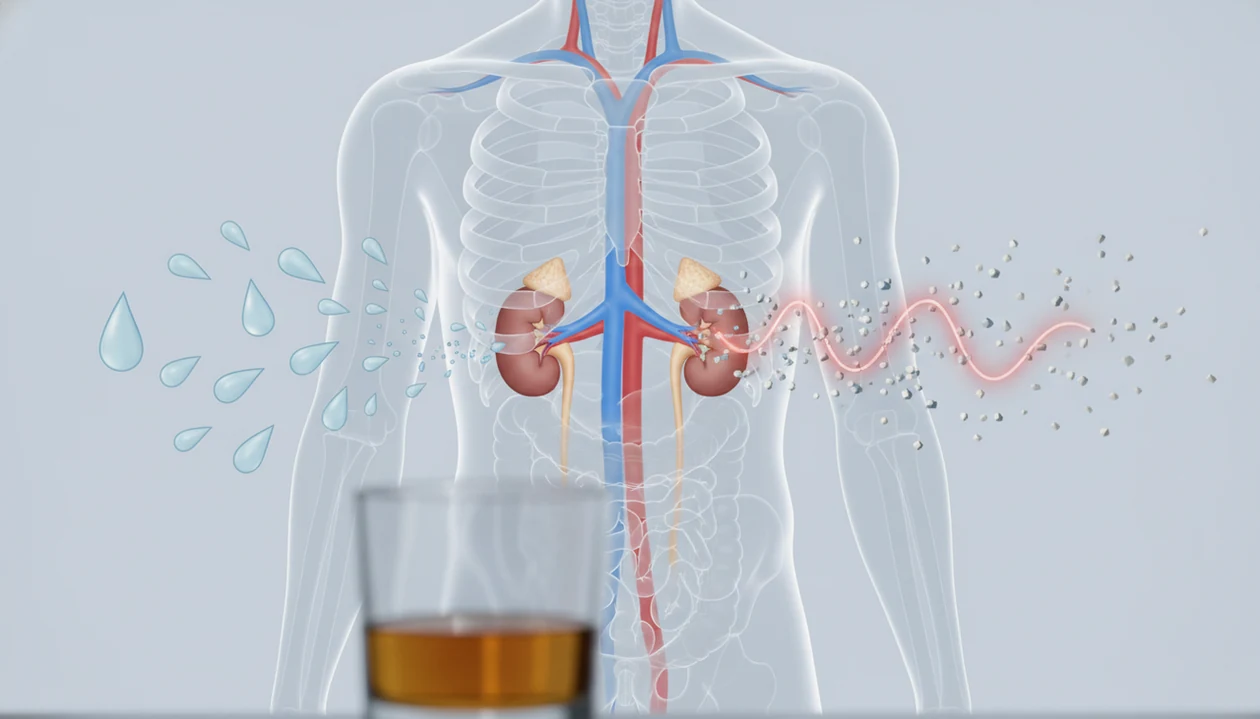 Illustration of kidneys under fluid, electrolyte, and blood pressure strain from alcohol.