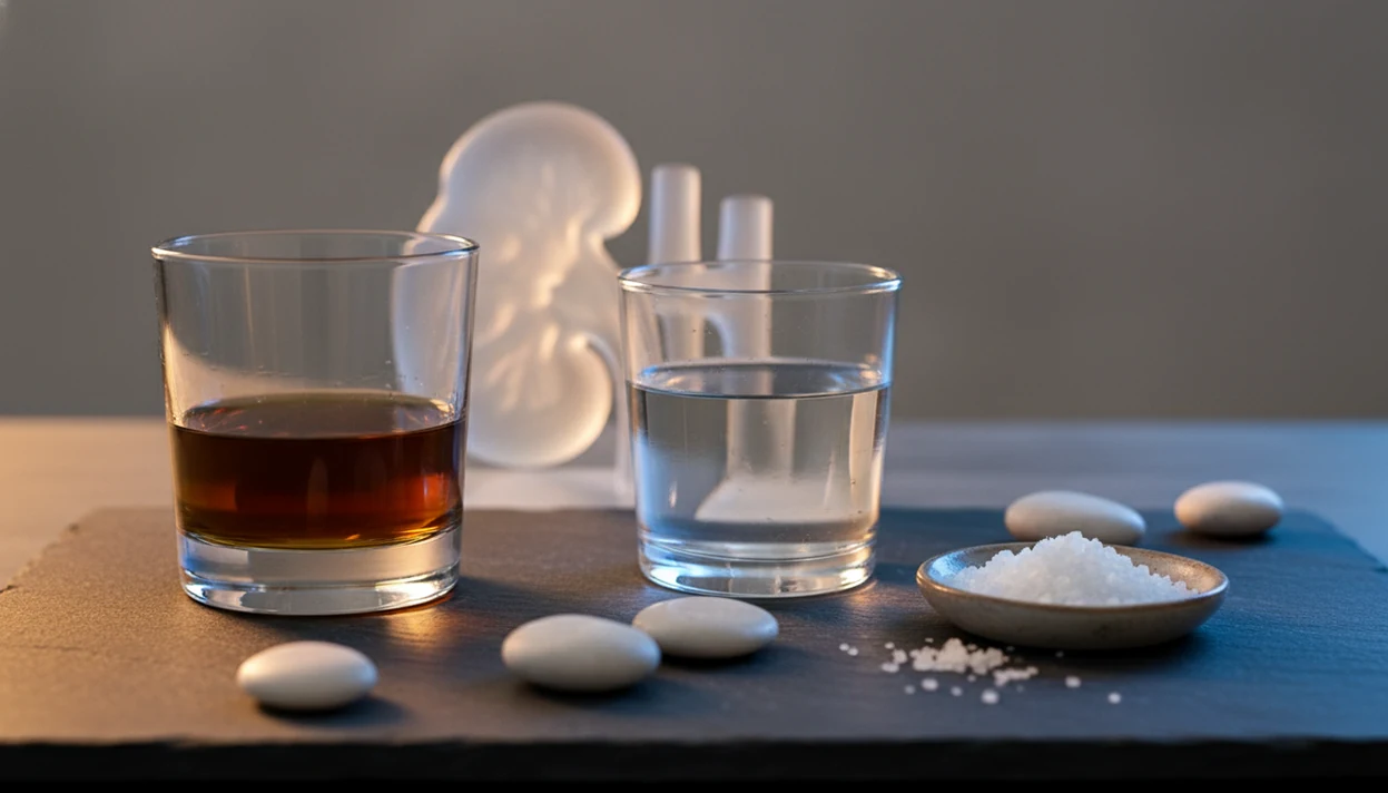 A glass of alcohol, water, salt, and kidney-shaped stones suggest alcohol’s effects on kidney health.