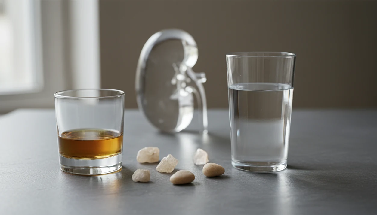 A glass of alcohol, water, and mineral stones sit beside a subtle kidney-shaped glass sculpture.