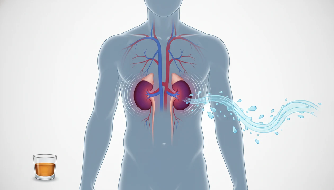 An illustrated torso shows highlighted kidneys beside alcohol and fluid imbalance symbols.