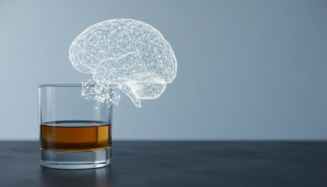 A glass of alcohol sits beside a translucent brain made of neural lines, suggesting disrupted brain signaling.