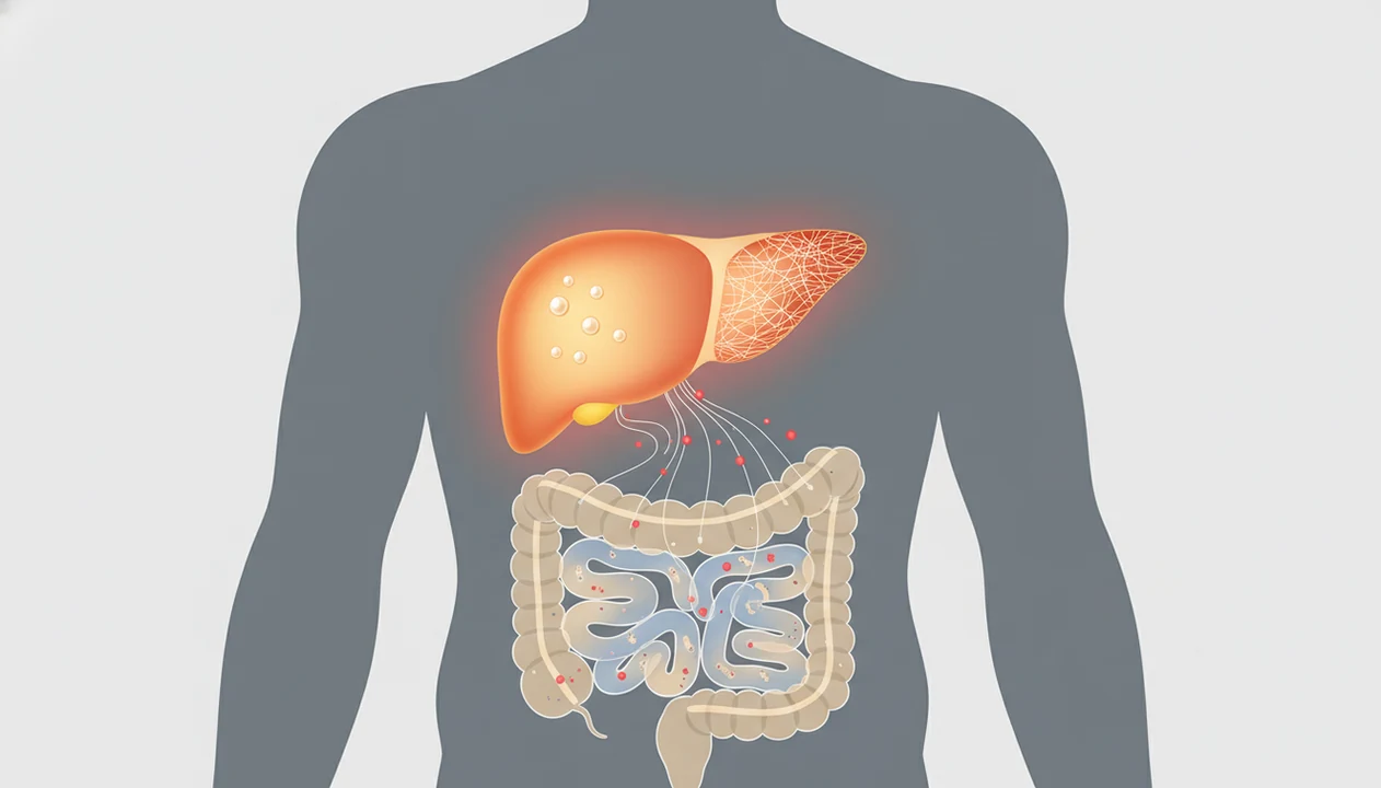 An illustration shows gut inflammation feeding into progressive alcohol-related liver damage stages.