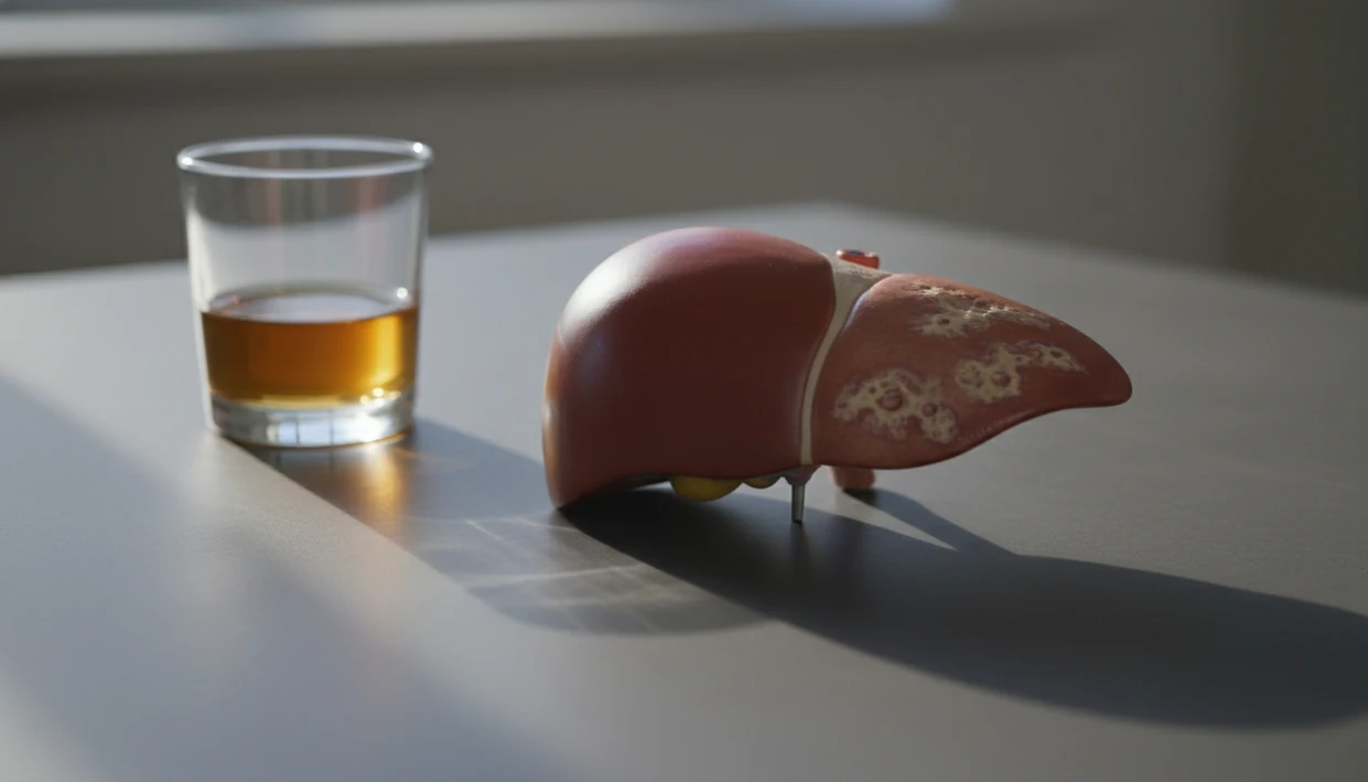 A glass of alcohol beside a realistic liver model with subtle scarring on a dark tabletop.