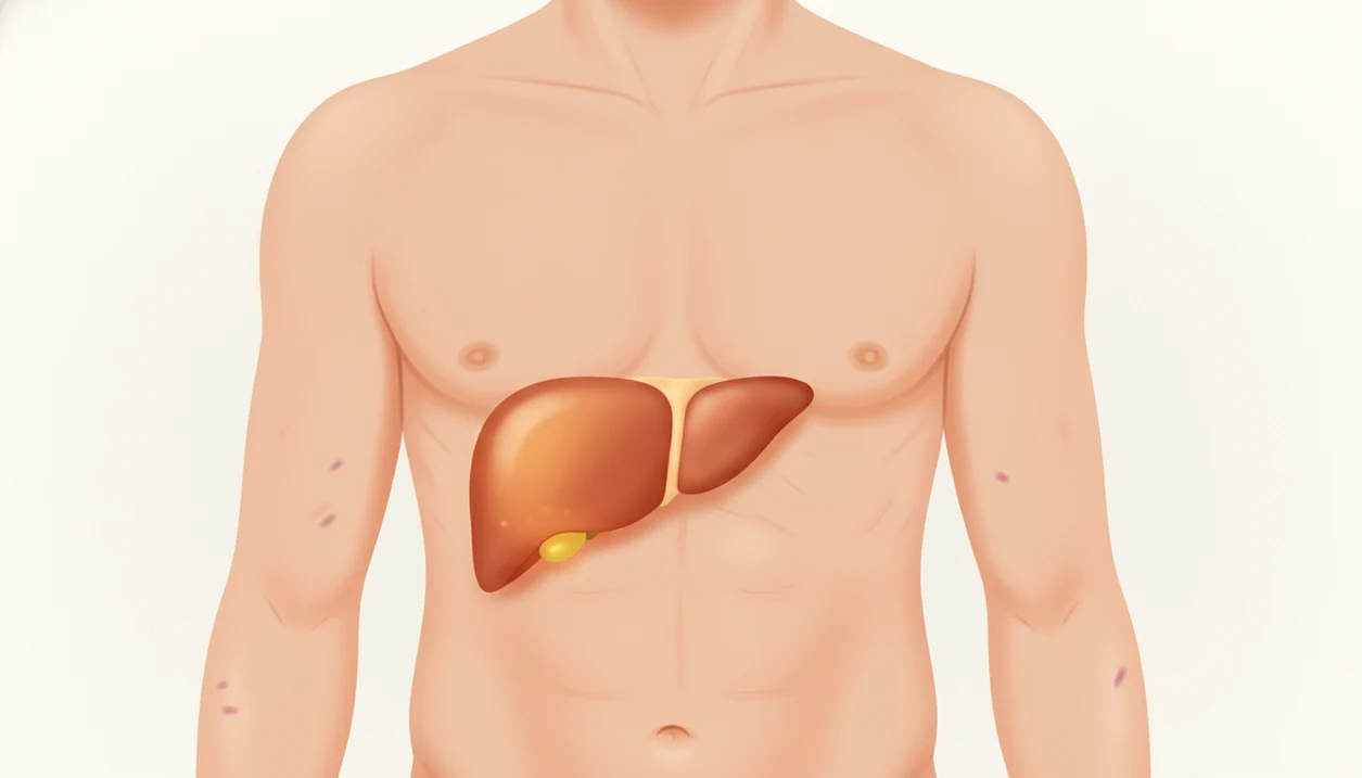 Illustration of a torso with a highlighted liver and subtle signs of alcohol-related liver strain.