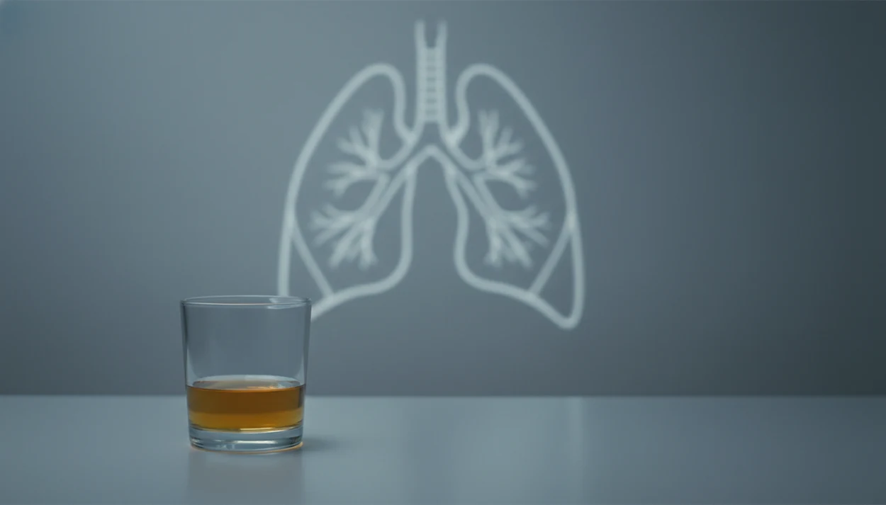 A glass of alcohol sits before a faint lung-shaped light pattern on a muted clinical wall.