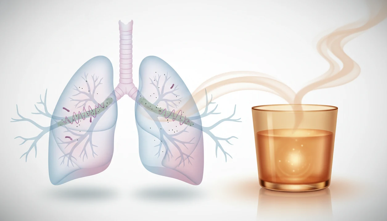 Illustration of lungs with airway cilia and mucus near an amber drink, showing weakened lung defenses.