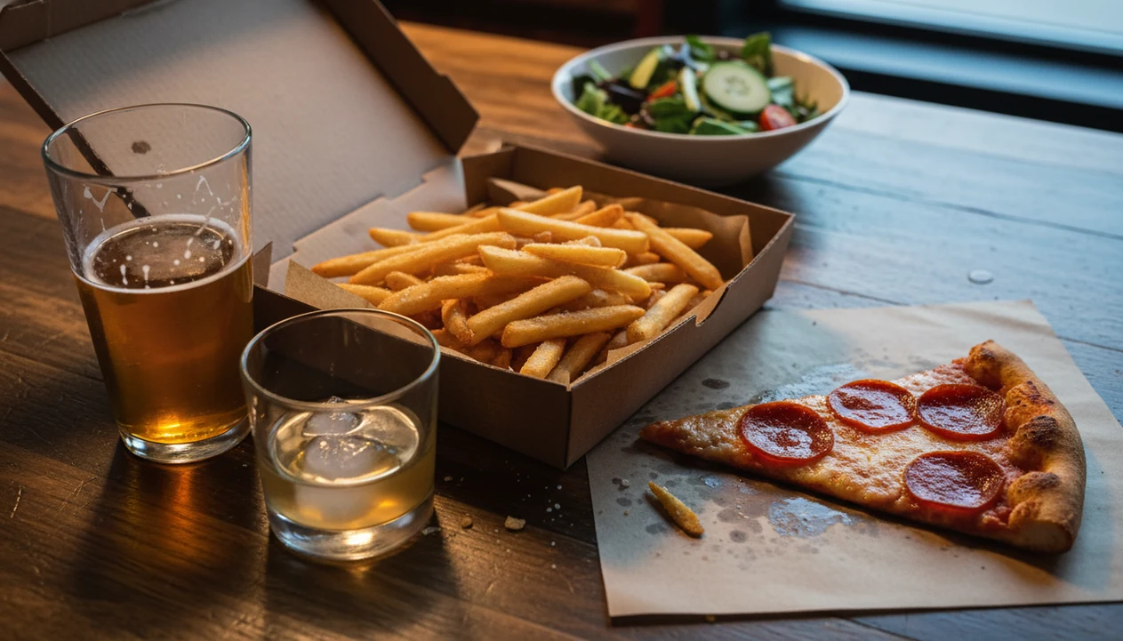 A late-night table shows beer, melting ice, fries, and pizza as alcohol-related cravings take over.
