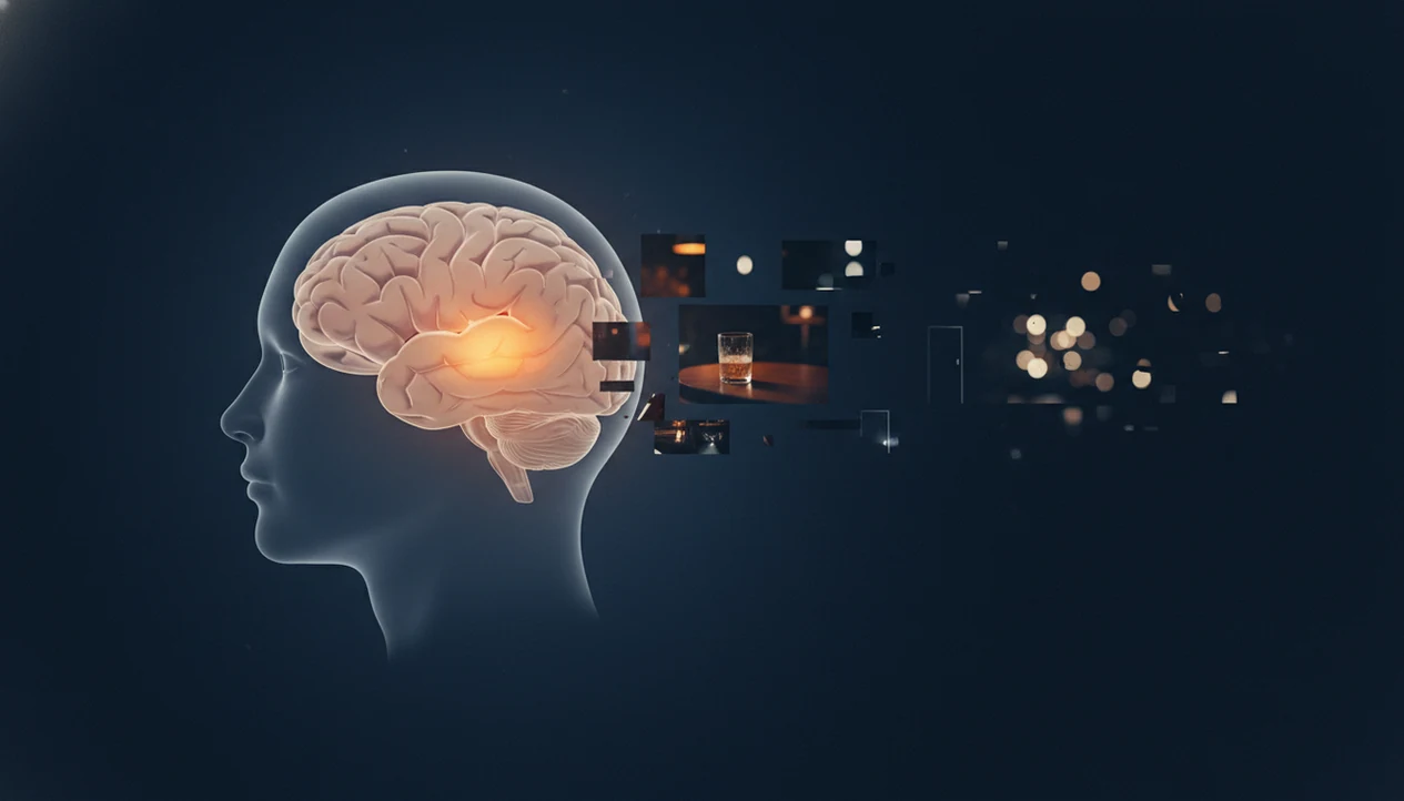 A highlighted hippocampus is surrounded by fragmented scenes suggesting alcohol-related memory gaps.