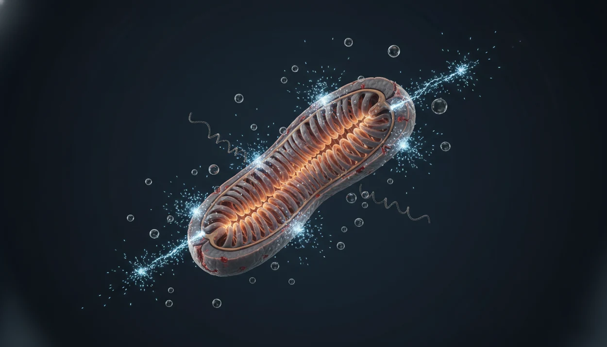 A damaged mitochondrion surrounded by alcohol droplets and oxidative stress particles in a dark cell-like space.