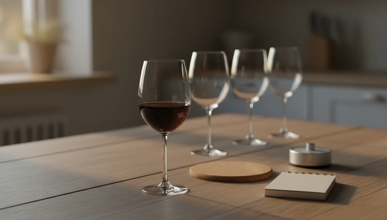 A half-filled wine glass sits in focus while empty glasses blur into the background behind it.