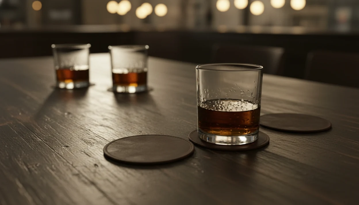 Two half-full drinks and extra empty glasses sit on a dim bar table, suggesting moderation slipping past a planned limit.