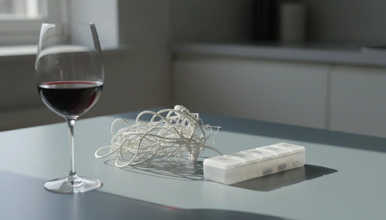 A wine glass sits near a nerve model and medication organizer, suggesting alcohol considerations with MS.