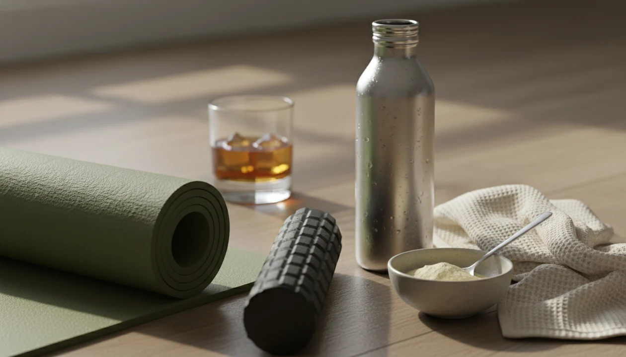 A yoga mat, foam roller, water bottle, and towel sit near a blurred glass of alcohol after exercise.