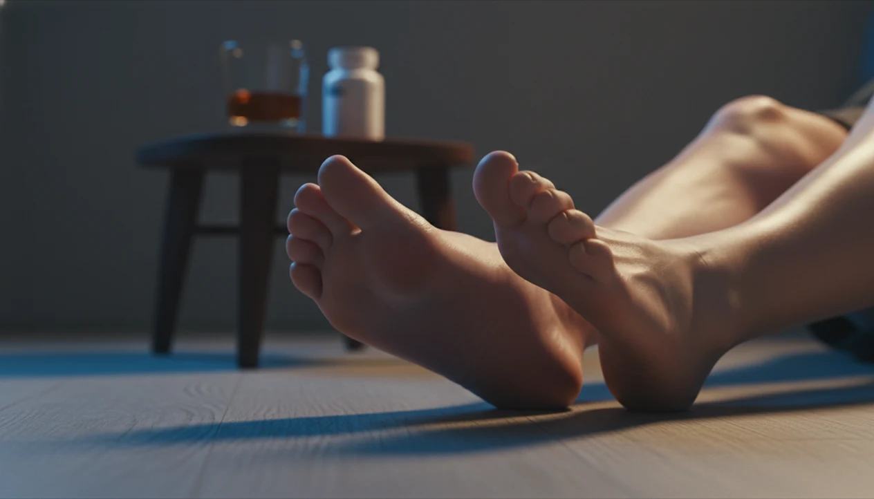 Bare feet on a bedroom floor with a blurred drink and supplement bottle in the background.