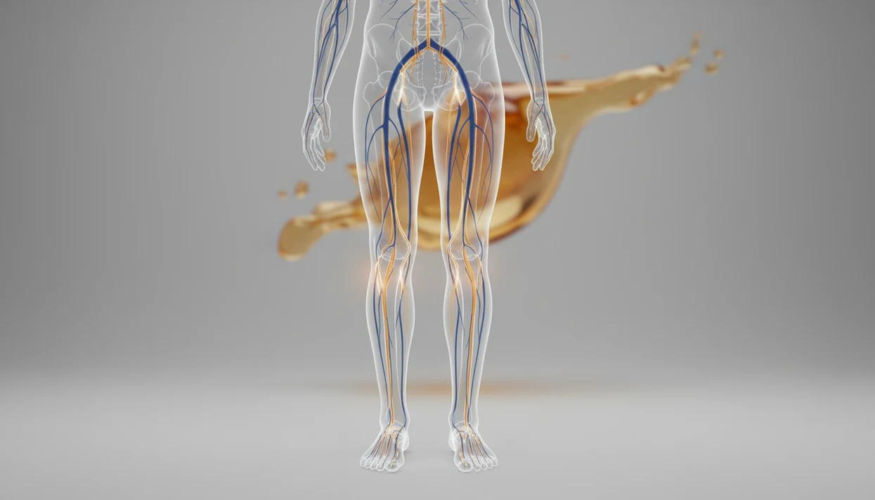 An illustration shows highlighted nerves running from the spine down the legs into the feet.