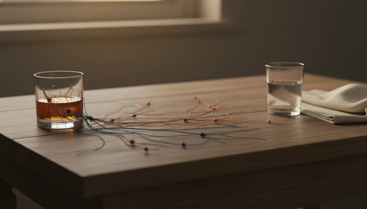 A glass of alcohol sits beside tangled threads that gradually smooth into calmer pathways near water.