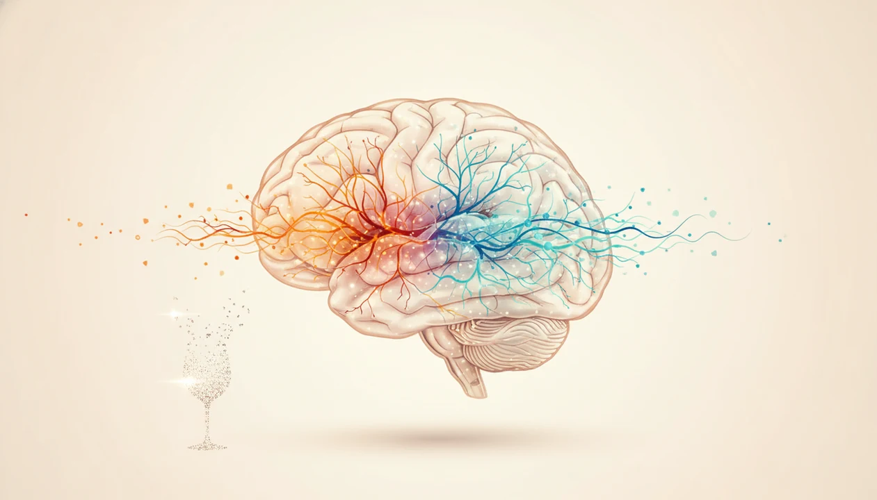 A calm illustration shows brain reward pathways shifting from alcohol disruption toward balanced recovery.