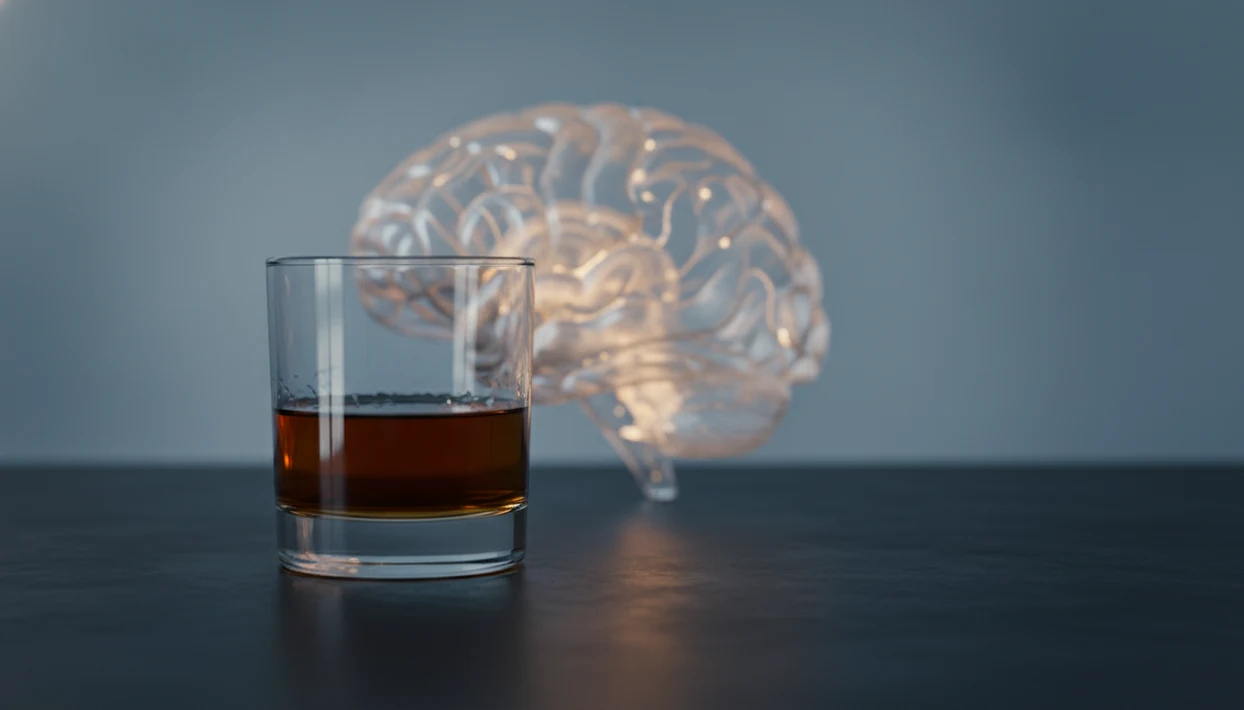 A glass of alcohol sits in front of a softly lit brain model, suggesting long-term brain health risk.